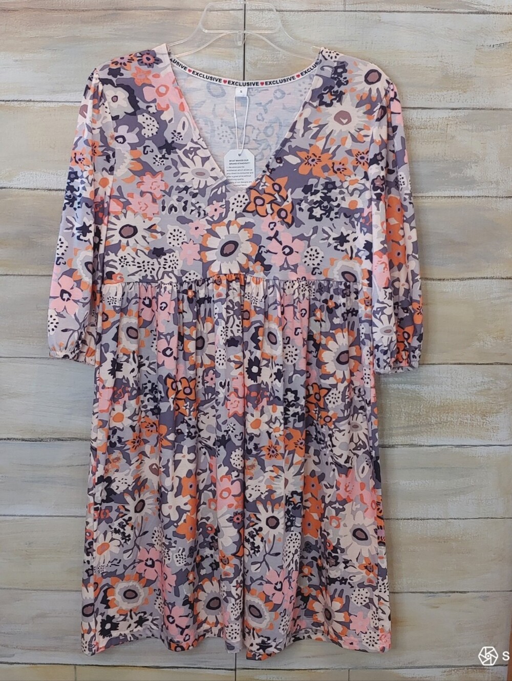 Made with love peach gray women floral babydoll boho 3/4 sleeves dress sz S NWT